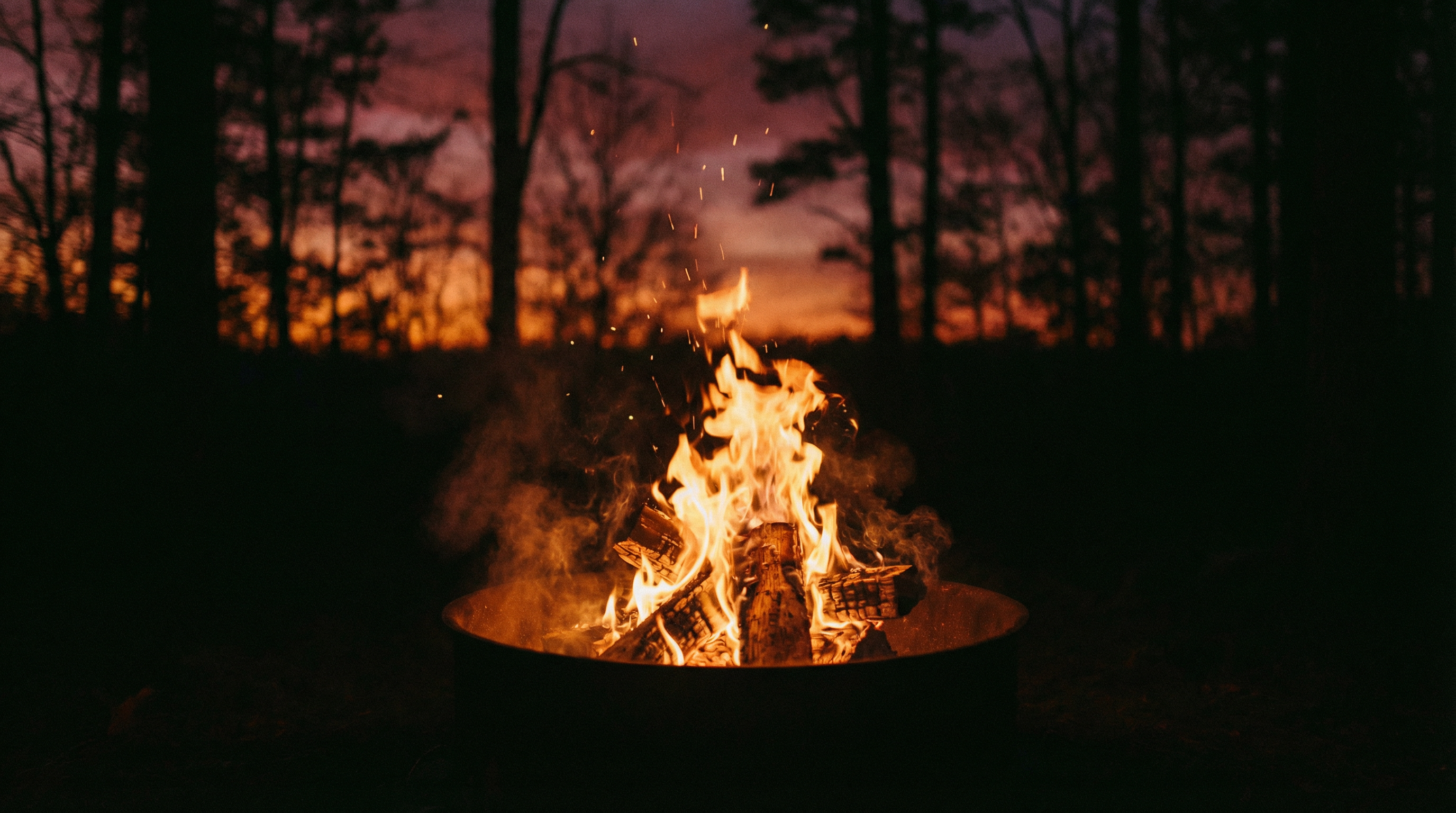 A warm campfire at golden hour with forest silhouette backdrop