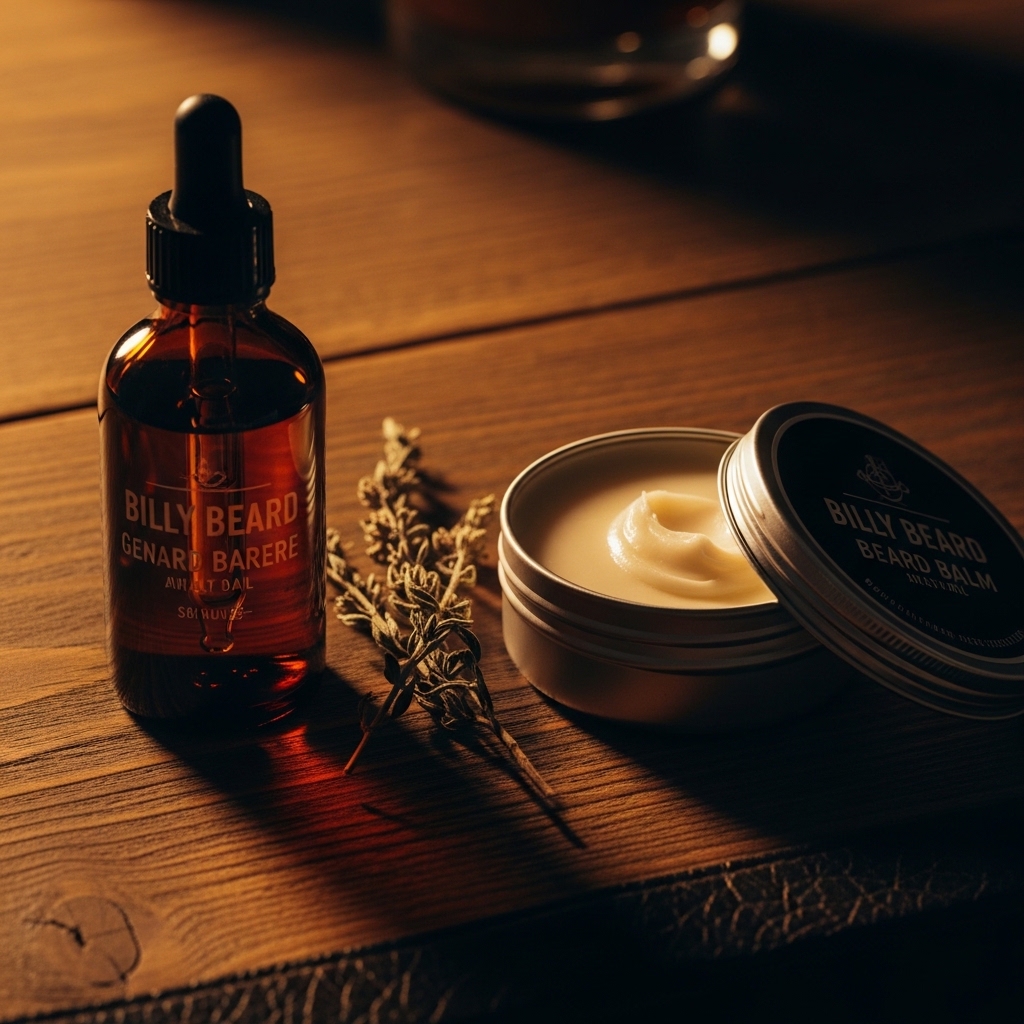 Beard balm tin and beard oil bottle side by side on a dark wood surface with warm golden light