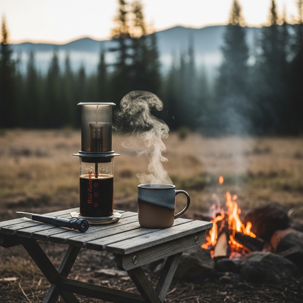 AeroPress coffee setup beside a campfire at dawn in a mountain pine forest