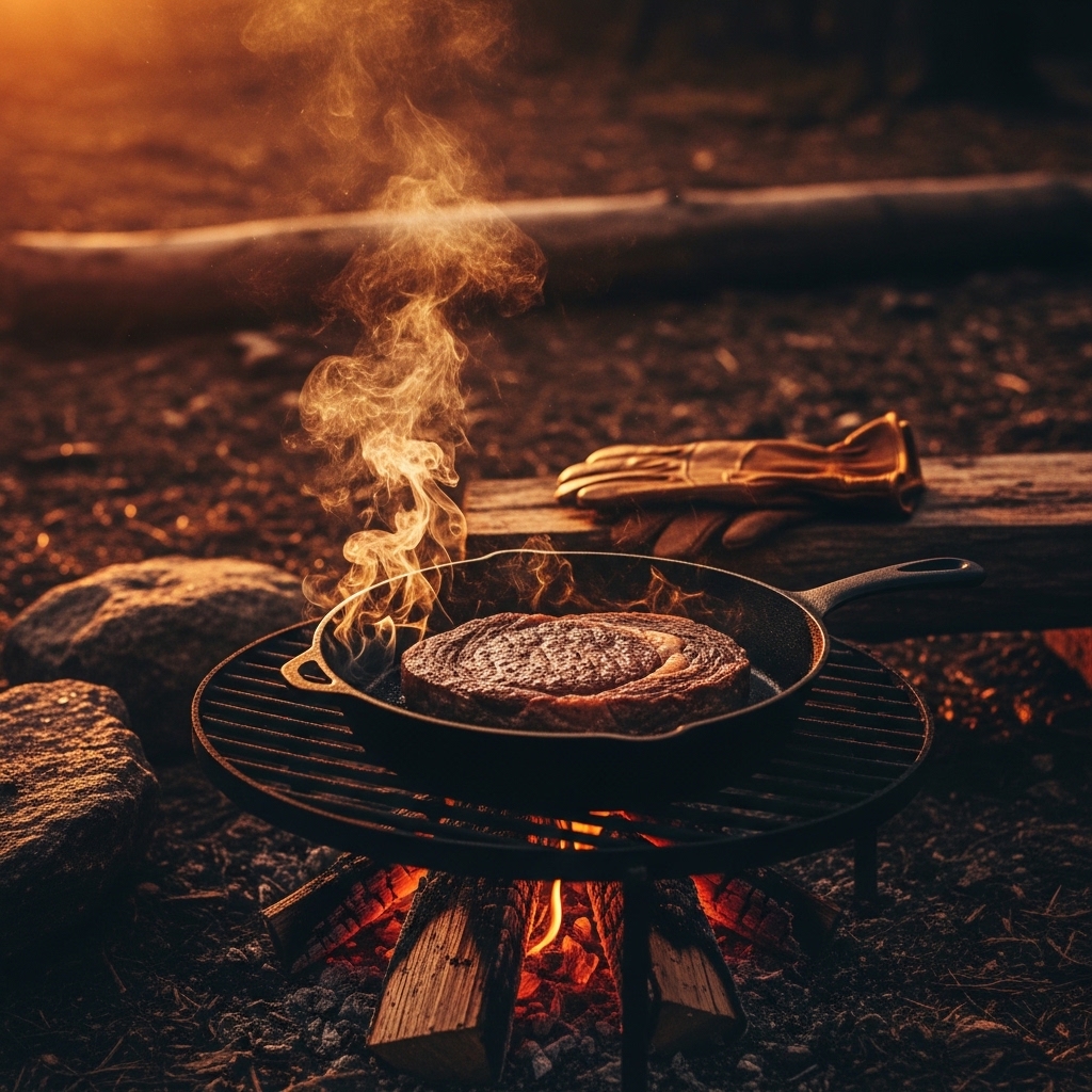 Cast iron skillet over campfire coals at golden hour with sizzling steak