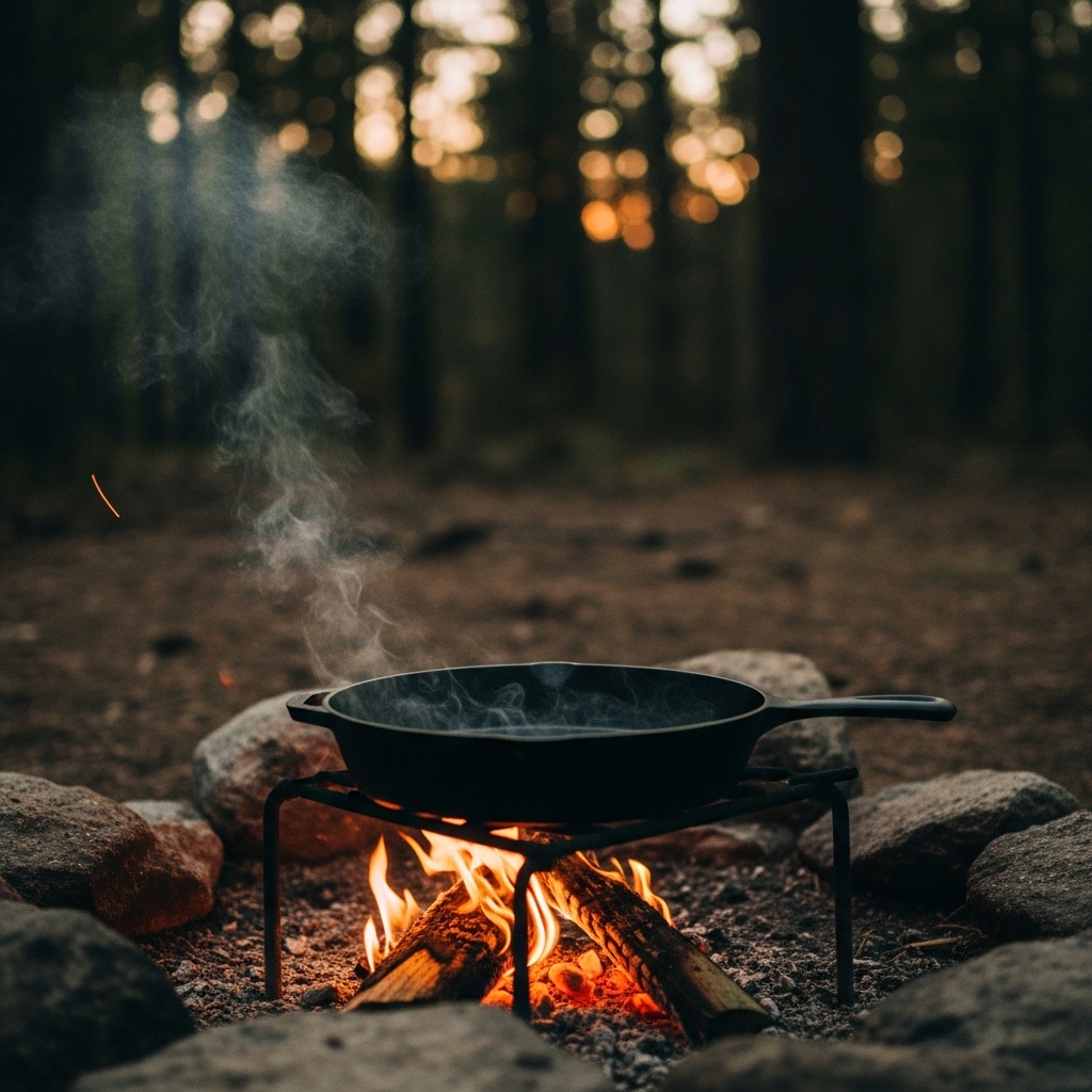 A well-seasoned cast iron skillet over glowing campfire embers at golden hour