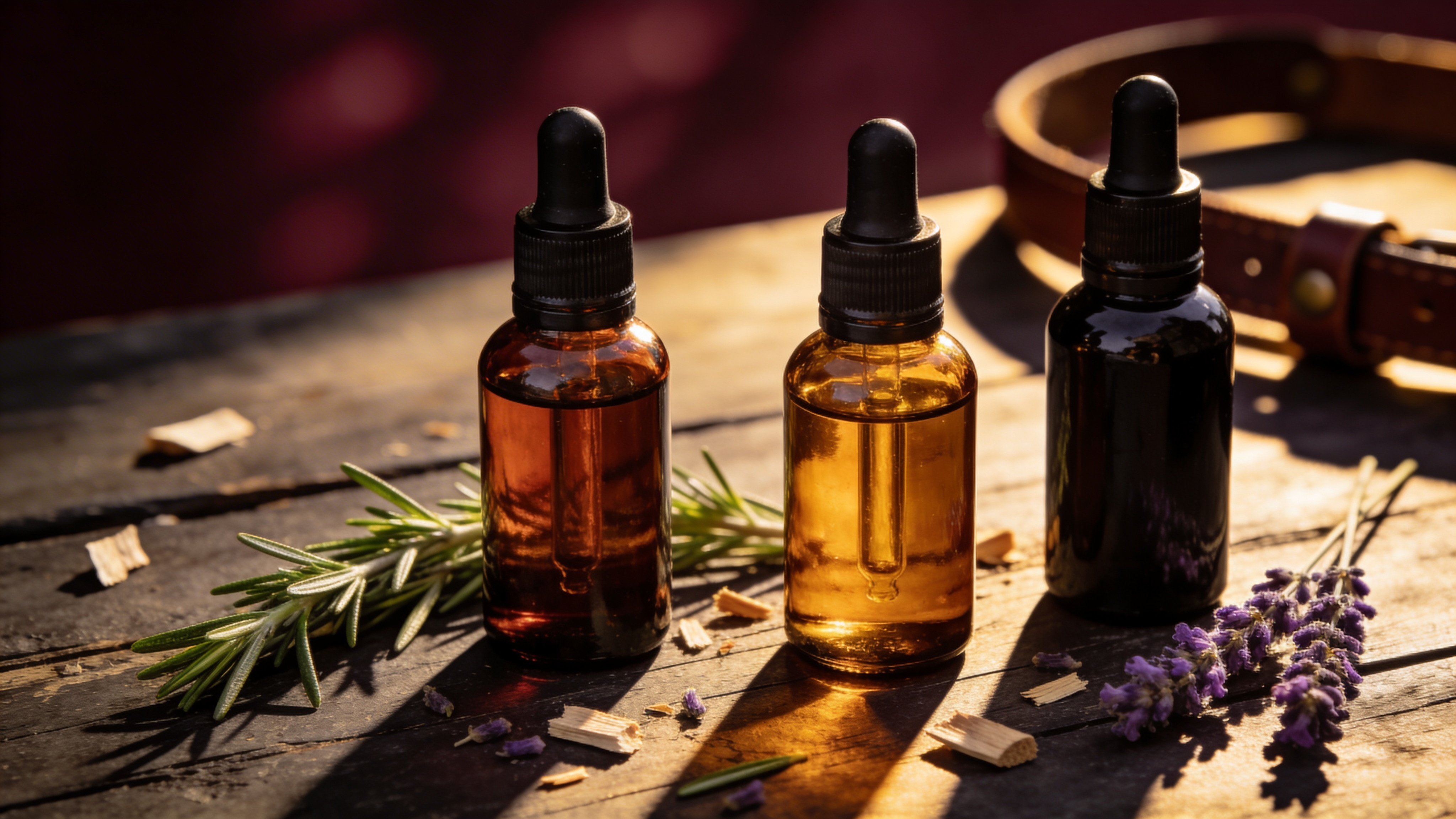 Amber glass bottles of premium beard oil on a weathered wooden surface