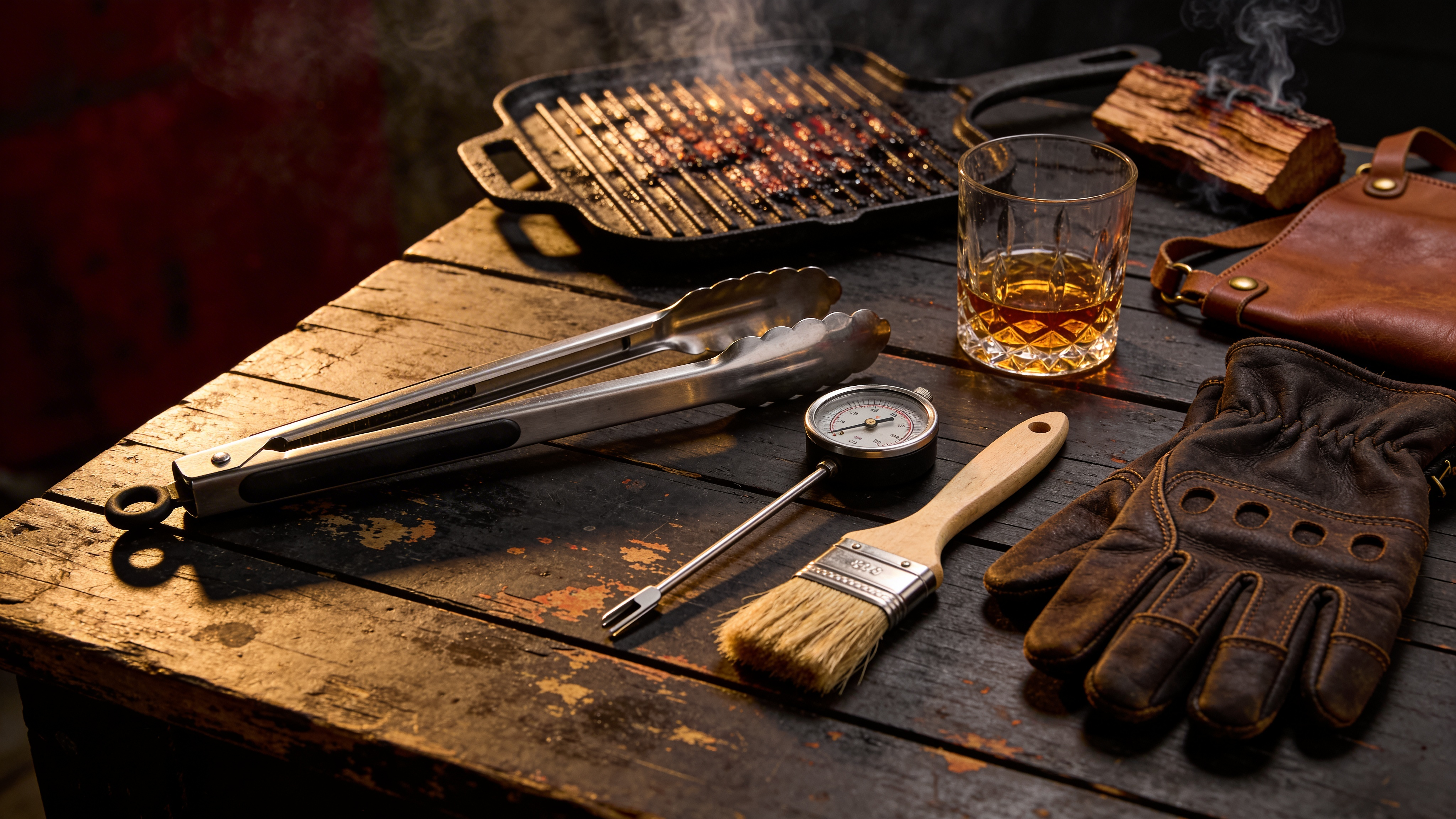 Essential pitmaster tools laid out on a weathered workbench with cast iron grate and smoking wood