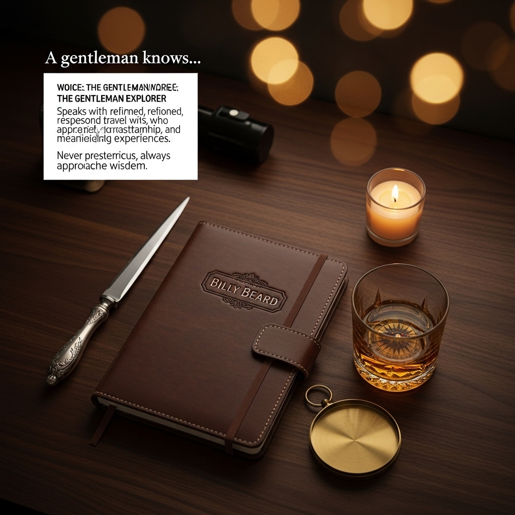 Premium men's desk accessories flat-lay with leather journal, letter opener, whiskey glass, and brass compass on dark walnut