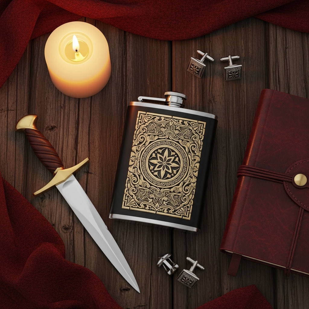 A flat-lay of premium men's gift items — engraved flask, leather journal, cufflinks and letter opener on aged dark wood with candlelight