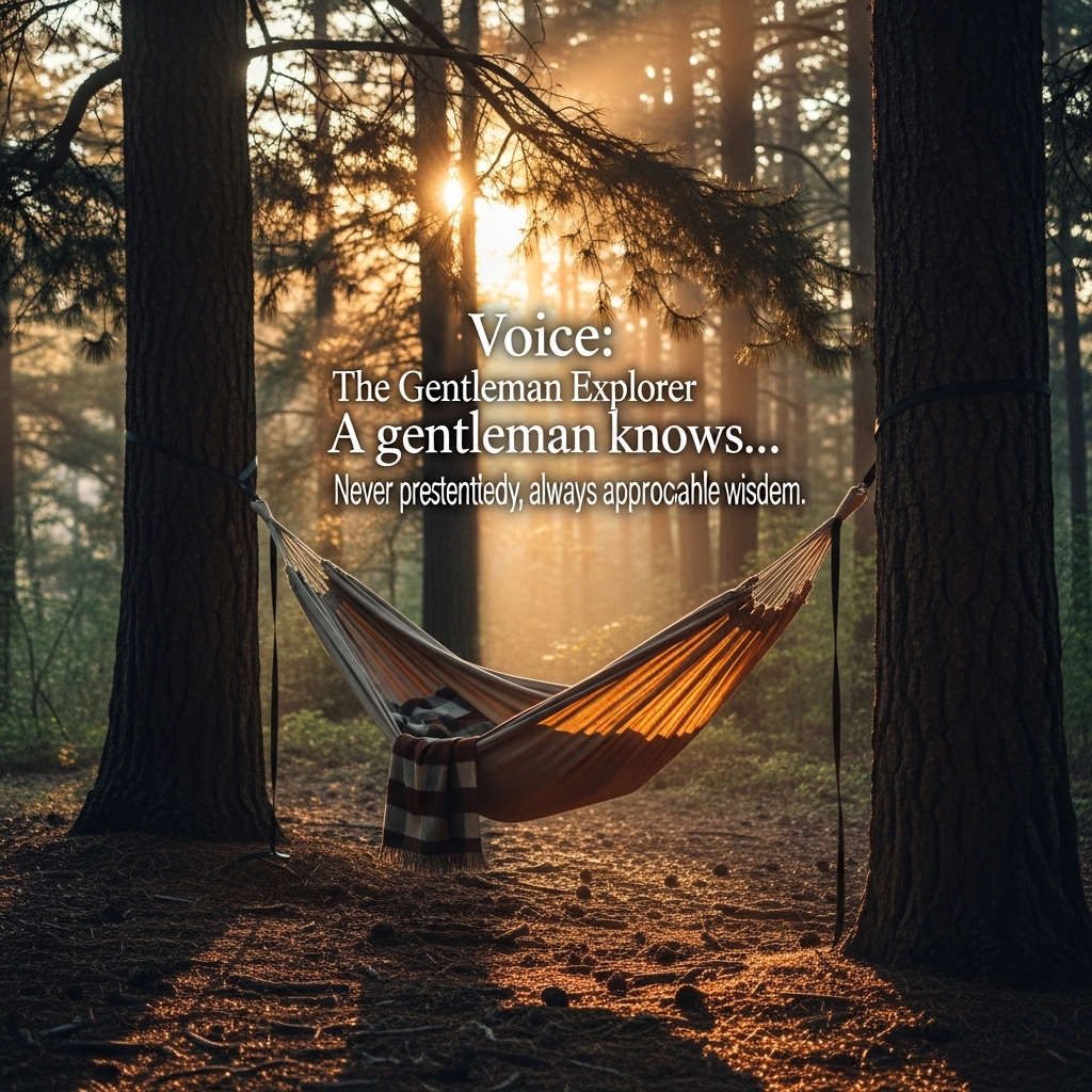 A hammock strung between two pines at golden hour in a misty forest
