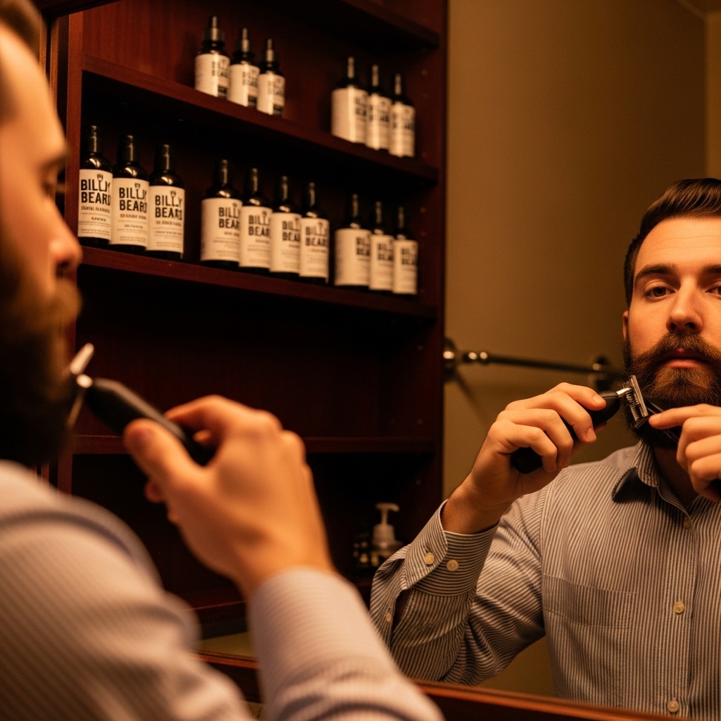 A gentleman trimming his beard with precision in a well-lit bathroom, warm morning light