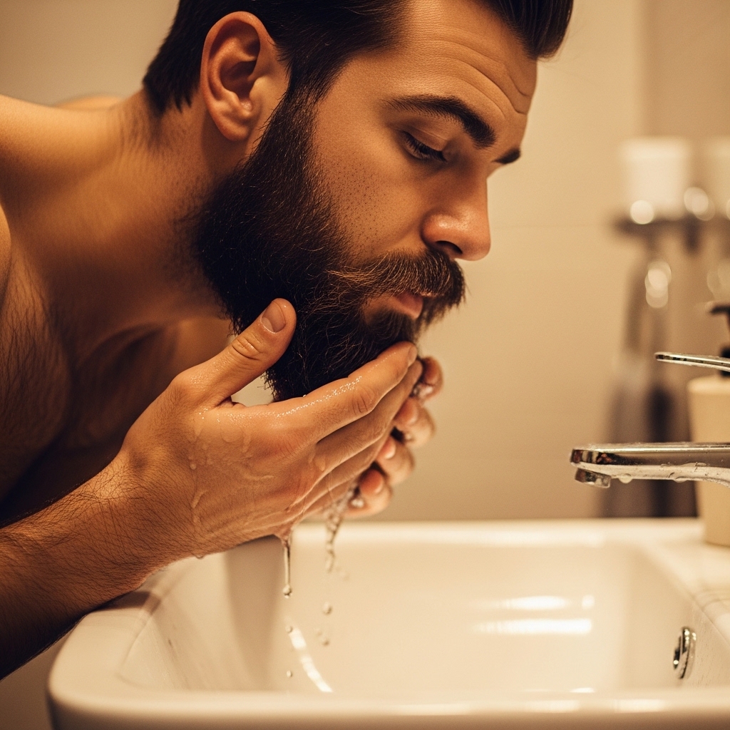 A bearded man washing his beard at a sink in warm bathroom light