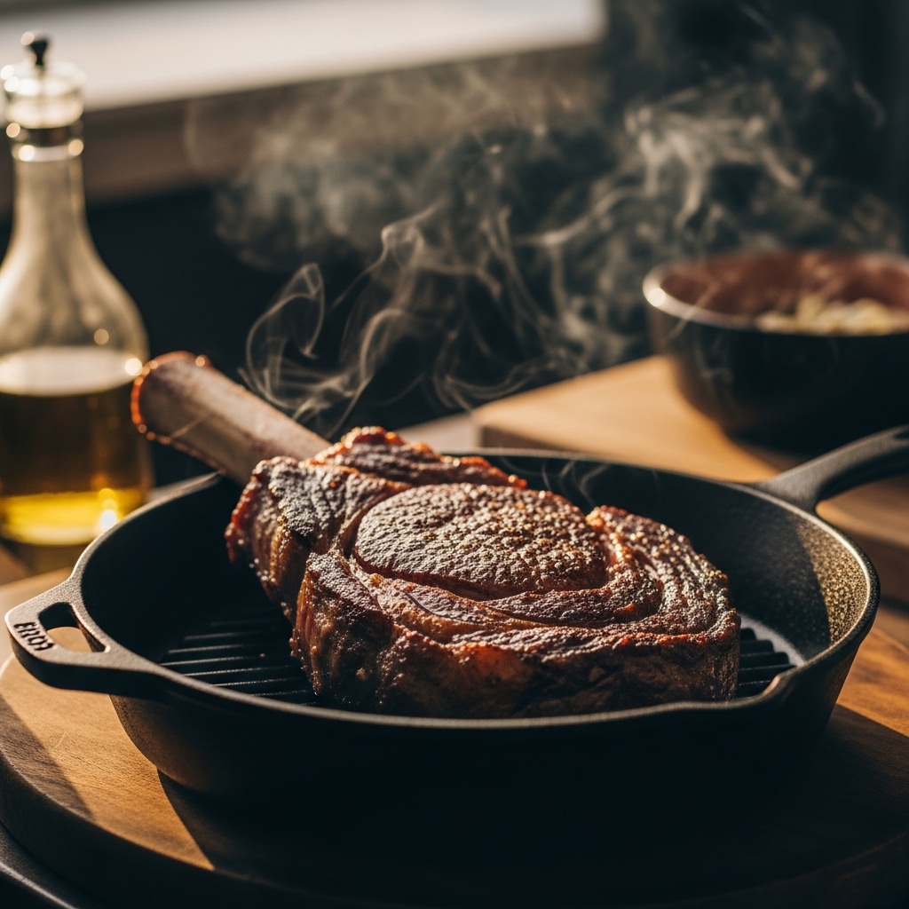 Thick-cut ribeye on a smoker grate, mahogany crust glistening, cast iron skillet ready alongside