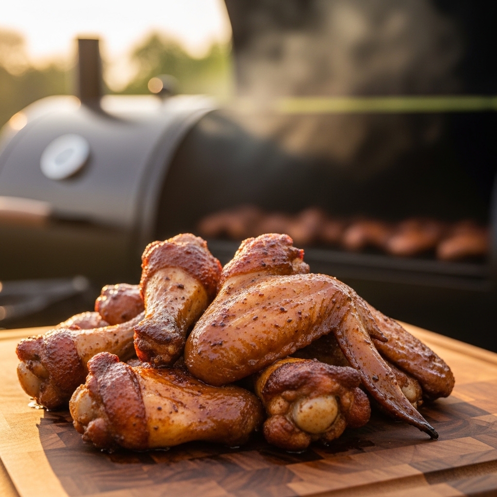 Golden crispy smoked chicken wings on a wooden board beside a smoker