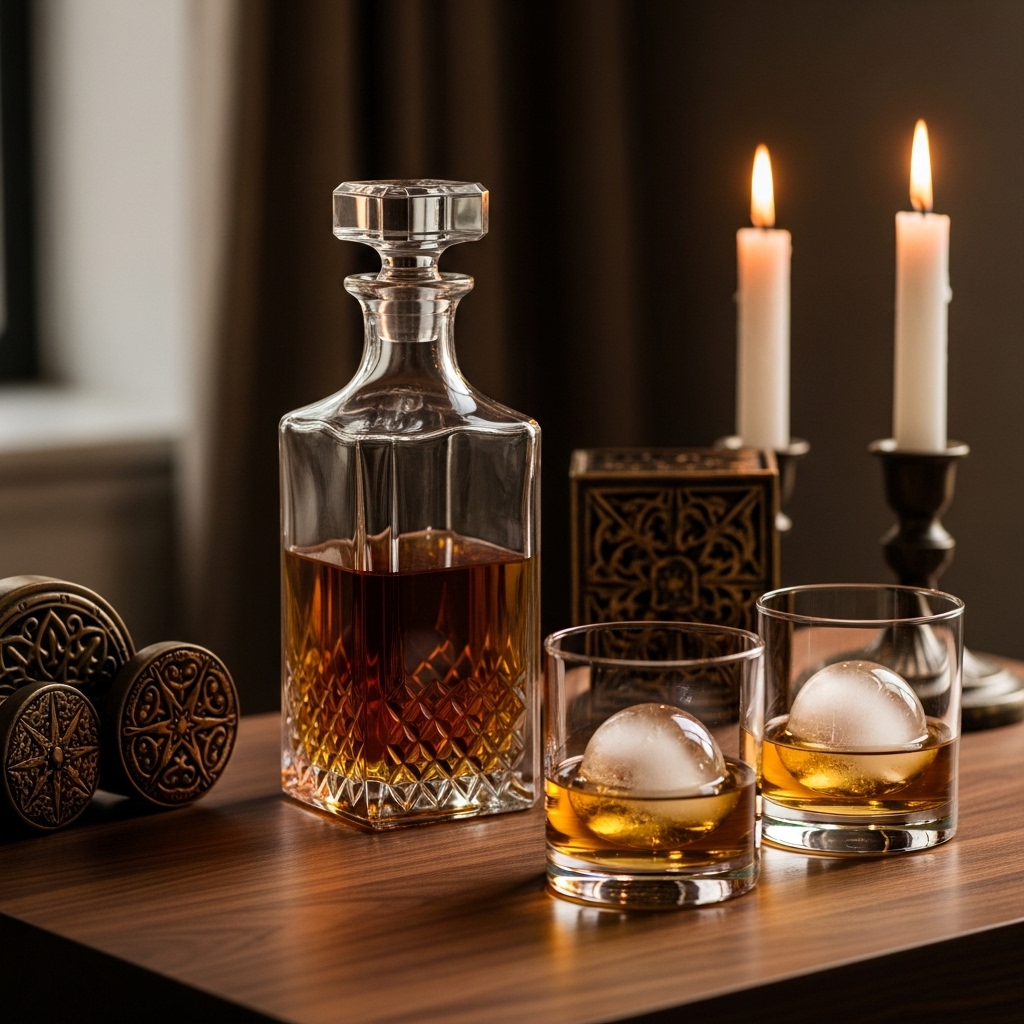 A candlelit home bar setup with a crystal decanter, whiskey glasses, and dark wood finish